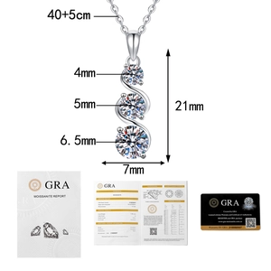 Detailed S925 silver necklace with three moissanite stones and GRA certification report