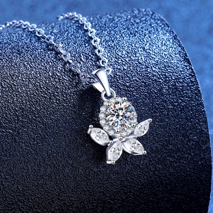 Elegant S925 sterling silver flower necklace with Moissanite stone on dark background