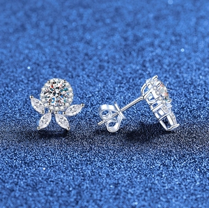 Moissanite flower stud earrings in S925 sterling silver with sparkling marquise accents
