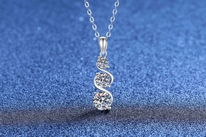 Close-up of S-shaped S925 silver pendant featuring three brilliant moissanite stones