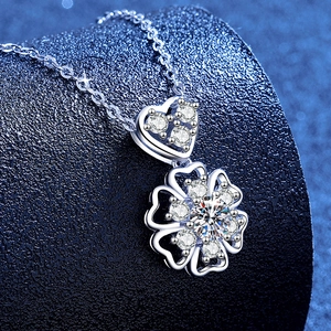 S925 Sterling Silver Heart Clover Moissanite Necklace Pendant with Glittering Accents