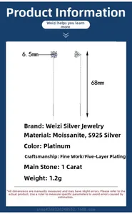 Detailed dimensions of S925 silver moissanite tassel earrings featuring a 68mm length