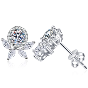Sparkling S925 sterling silver flower stud earrings with moissanite halo and marquise accents