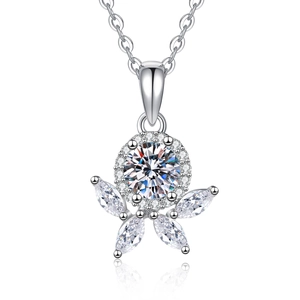 S925 Sterling Silver Flower Necklace with Large Moissanite Centerpiece on White Background
