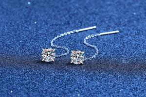 Detailed view of silver threader earrings featuring four-prong set Moissanite diamonds