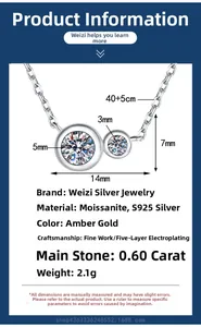 Macro detail of S925 silver moissanite necklace with dimensions and material specs