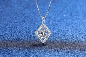Macro detail of S925 silver necklace with double diamond halo and moissanite stone