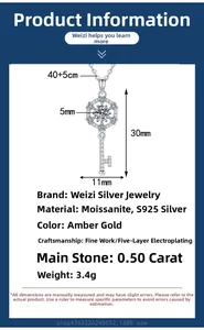 Detailed size specifications of silver key pendant with measurements and stone dimensions