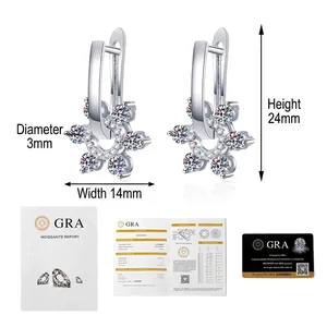 Detailed view of S925 silver flower moissanite earrings with GRA certificate and dimensions