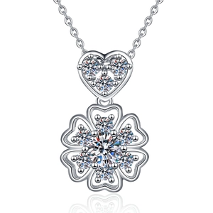 S925 sterling silver necklace with heart and flower moissanite pendant on white background
