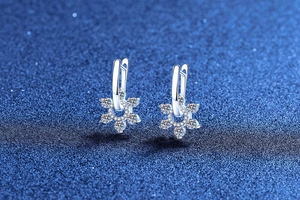 Close-up of S925 sterling silver snowflake earrings with moissanite crystals and high polish