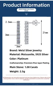 Detailed specs of S925 sterling silver moissanite drop earrings 21mm long and 3mm wide