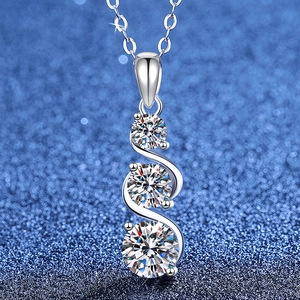 S925 Sterling Silver Moissanite Pendant Necklace For Women Elegant Three Stone S-curve Graduated Round Cut Rhinestone Jewelry Gift