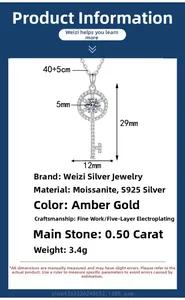 Detail view of S925 silver moissanite key pendant with technical specs and dimensions