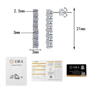 Detail view of S925 silver moissanite drop earrings with dimensions and GRA certificate