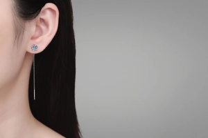 Detail of S925 sterling silver moissanite long threader earring with four-claw setting
