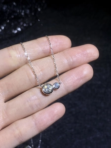 Detailed macro view of S925 sterling silver moissanite necklace with double ring bubble pendant