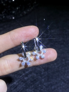 Detailed view of S925 silver snowflake earrings with moissanite pavé stones