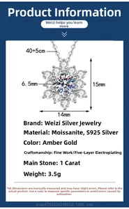 Macro detail of S925 sterling silver snowflake pendant with 1ct moissanite dimensions