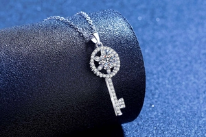 Close-up of S925 sterling silver kaleidoscope key pendant with 1ct moissanite stones