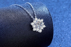 Close-up of S925 sterling silver snowflake pendant with moissanite and halo diamonds