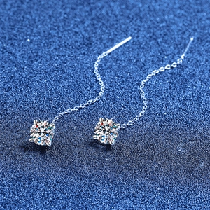 Elegant S925 sterling silver moissanite long drop threader earrings with four-prong setting