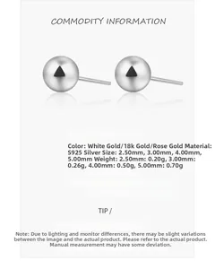 Detailed size and weight chart for S925 silver stud earrings in gold and rose gold colors
