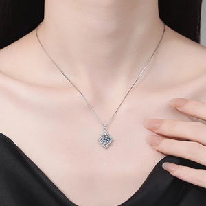 S925 Sterling Silver Moissanite Necklace featuring a geometric rhombus pendant on a model