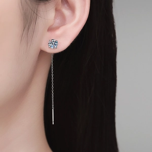 Elegant S925 sterling silver moissanite tassel drop earrings with four-prong round cut stone