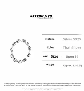 Detailed product specifications for the S925 sterling silver woven twist knot ring