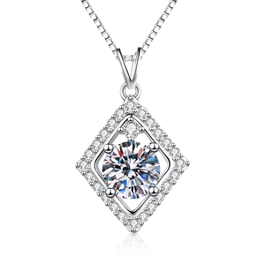 S925 Sterling Silver geometric diamond pendant necklace with round moissanite center stone