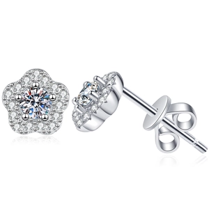 S925 sterling silver plum blossom moissanite stud earrings with classic butterfly back