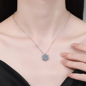 Elegant S925 sterling silver snowflake necklace with a 1ct moissanite pendant on a model