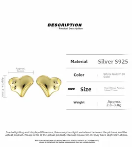 Detail view of S925 sterling silver heart earrings with dimensions and material specs