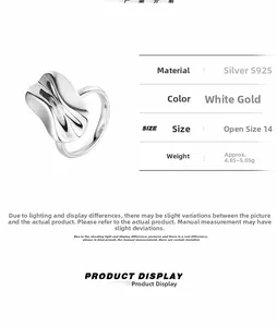 Macro shot of S925 sterling silver irregular wavy open ring with white gold plating