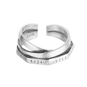 Vintage 925 Sterling Silver Triple Layered Overlapping Ring For Women Retro Thai Silver Geometric Open Adjustable Ring