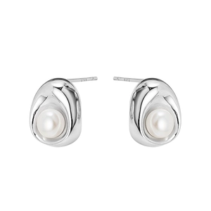 S925 sterling silver freshwater pearl stud earrings with irregular geometric silver frame