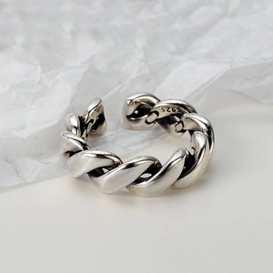 925 Sterling Silver Chain Ring Vintage Minimalist Braided Twist Open Adjustable Band Ring For Men Women Retro Silver Jewelry