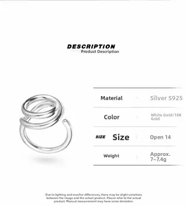 Macro detail of S925 silver triple spiral ring with technical product specifications