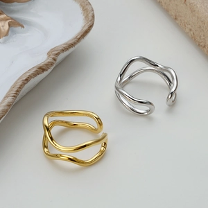 S925 sterling silver minimalist double-layered wave open rings in gold and silver