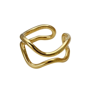 Minimalist S925 sterling silver double-layered wavy open ring in a gold finish