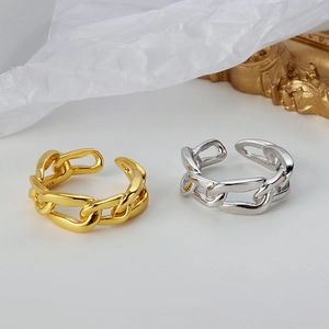 Adjustable S925 sterling silver rings with Cuban chain design in gold and silver finish