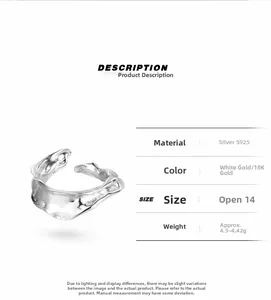 Détail de la bague en argent S925 avec texture de lave irrégulière et dimensions du produit