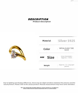 Detail of S925 silver ear cuff featuring a pear-cut cubic zirconia in gold finish