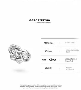 Detail view of S925 sterling silver multi-layer knotted ring with material specifications