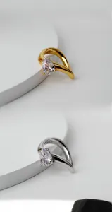 Detailed view of teardrop zircon earring clips in silver and gold finishes with S925 stamp