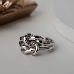 Polished S925 silver layered knot ring with adjustable open band for women