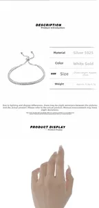 Detail of adjustable S925 sterling silver tennis bracelet with round cubic zirconia