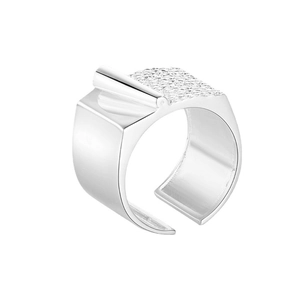 Minimalist S925 sterling silver open ring featuring geometric origami texture and zircon