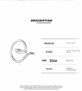 Macro detail of S925 silver open ring with hollow geometric lines and specifications